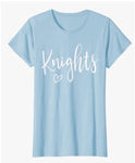 Baby blue tee with cursive knights