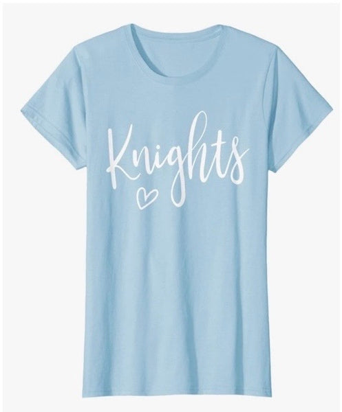 Baby blue tee with cursive knights