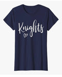 Navy blue tee with cursive knights