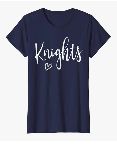 Navy blue tee with cursive knights